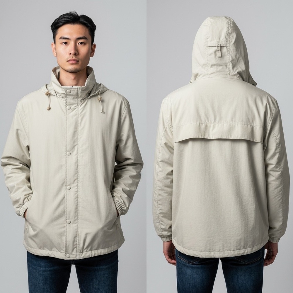 Lands End Mens XL Light Beige Hooded Windbreaker Full Zip Mesh Lined Jacket Fish